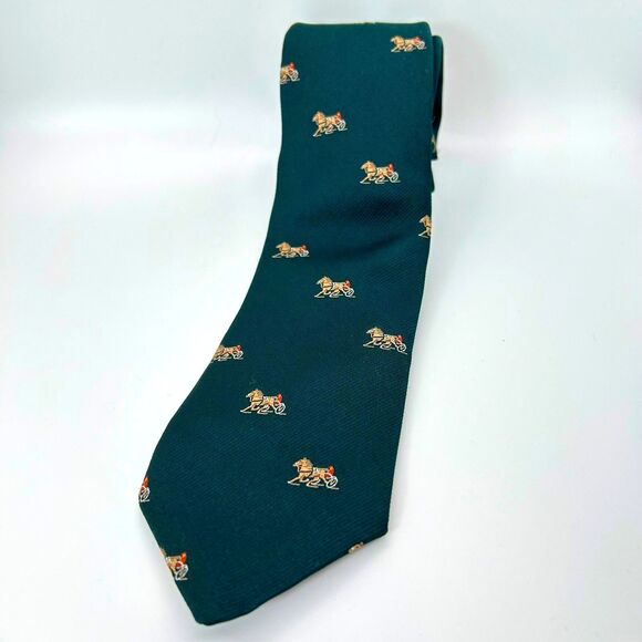 Christian Pelini Hunter Green with Running Horse and Cart Print Long Tie - Picture 2 of 8